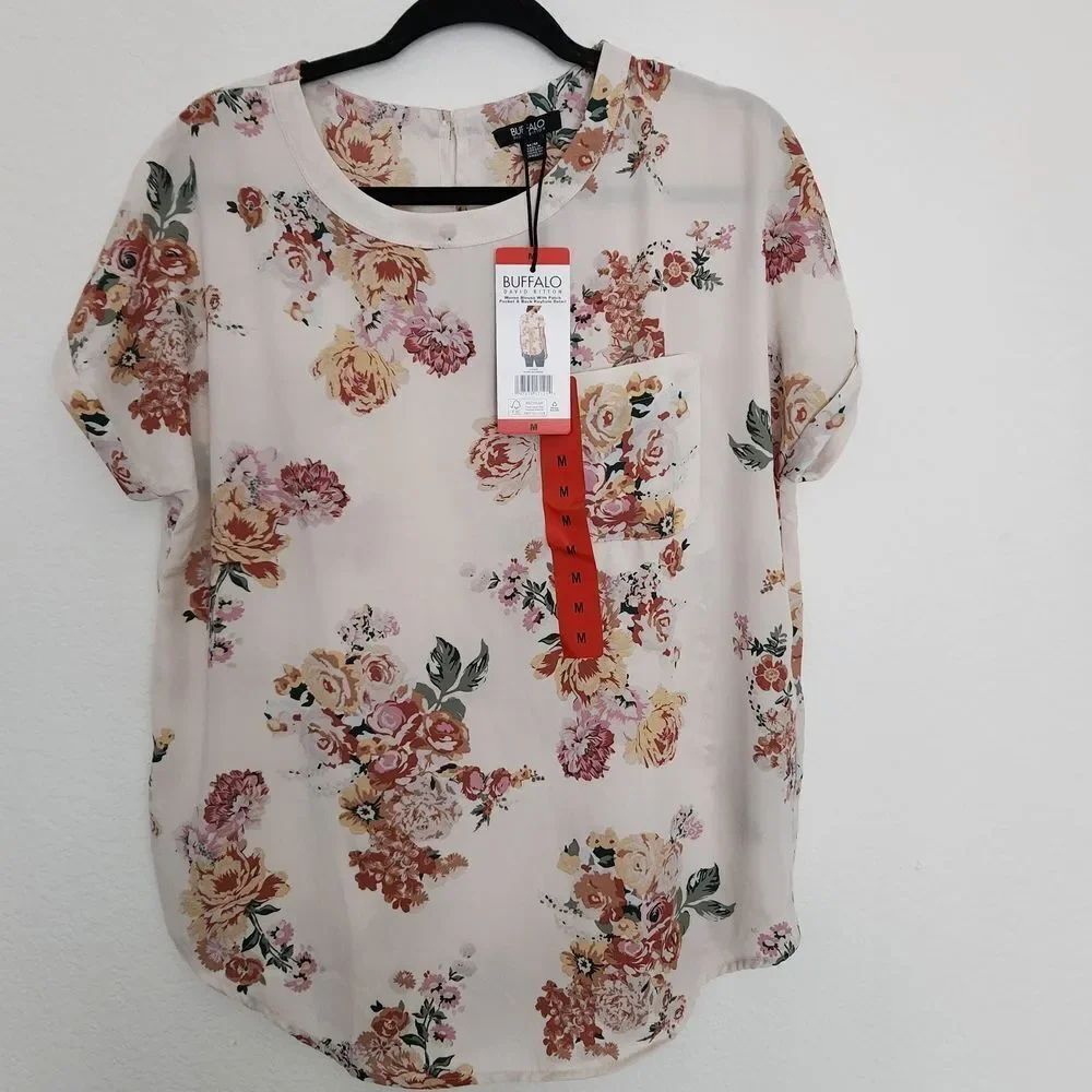 Buffalo David Bitton Womens Woven Blouse Patch Pocket Back Keyhole Ivory Medium